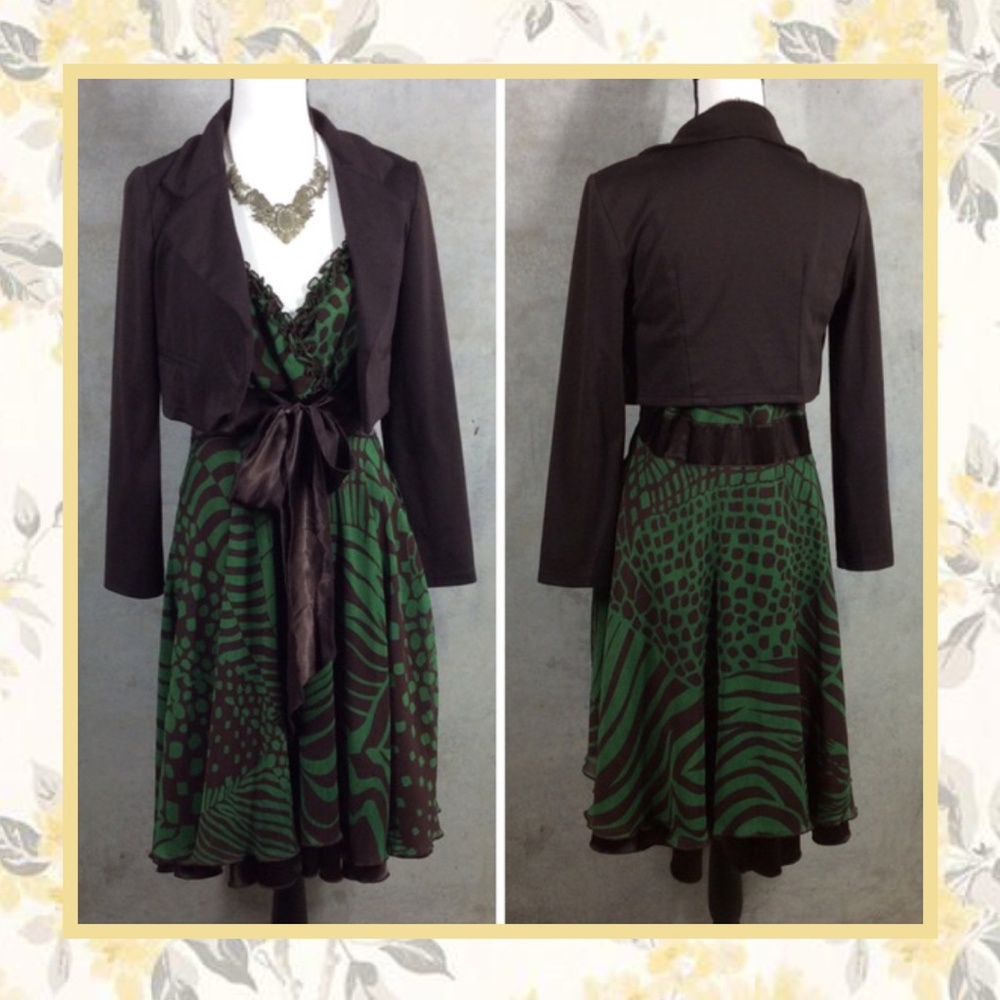 🍒 2PC ANIMAL PRINT MIDI CHIFFON DRESS COAT BLAZER BUNDLE SET RUFFLE FLARE - Picture 2 of 7